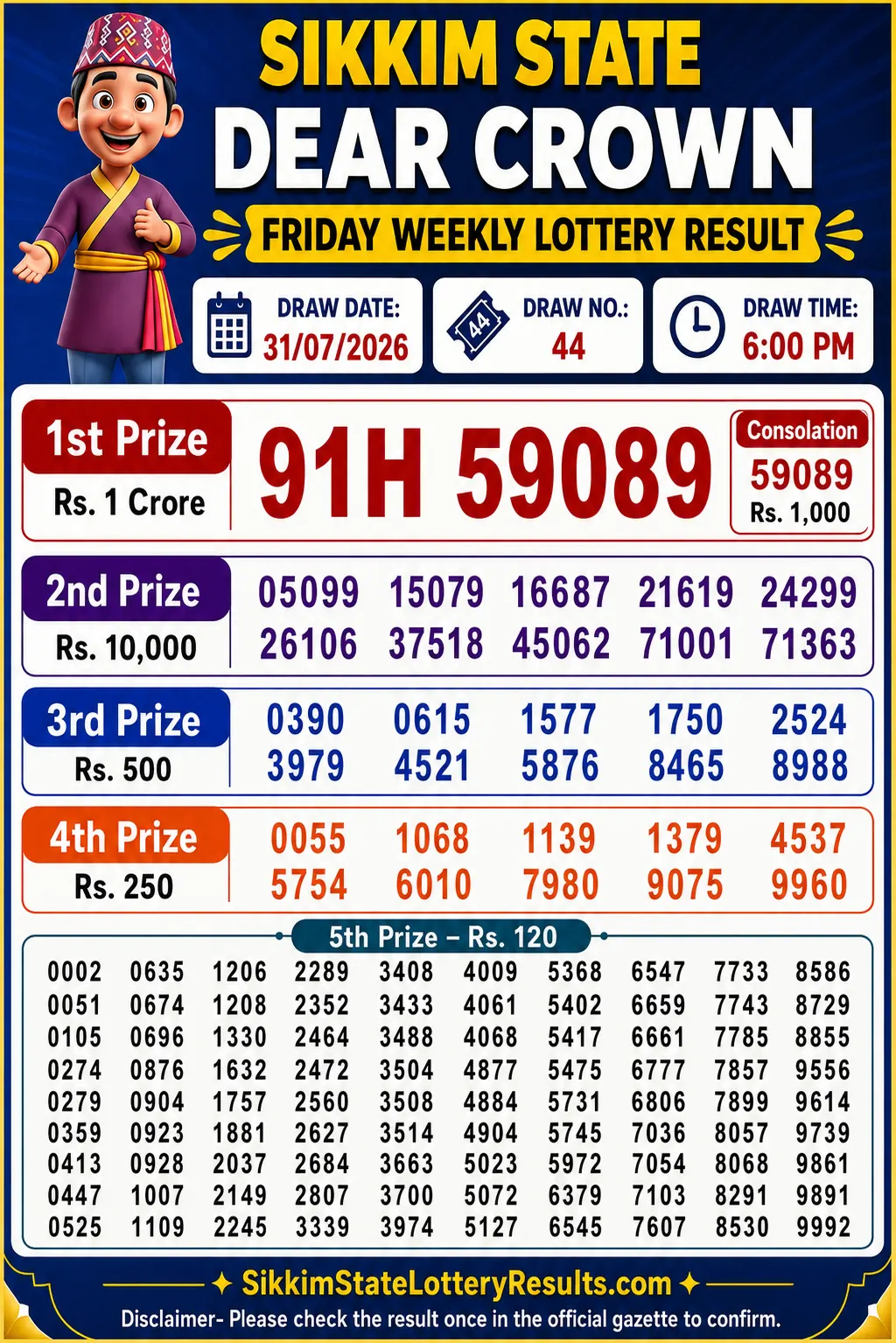 Sikkim Dear Lottery Result 6 PM Today 31-07-26
