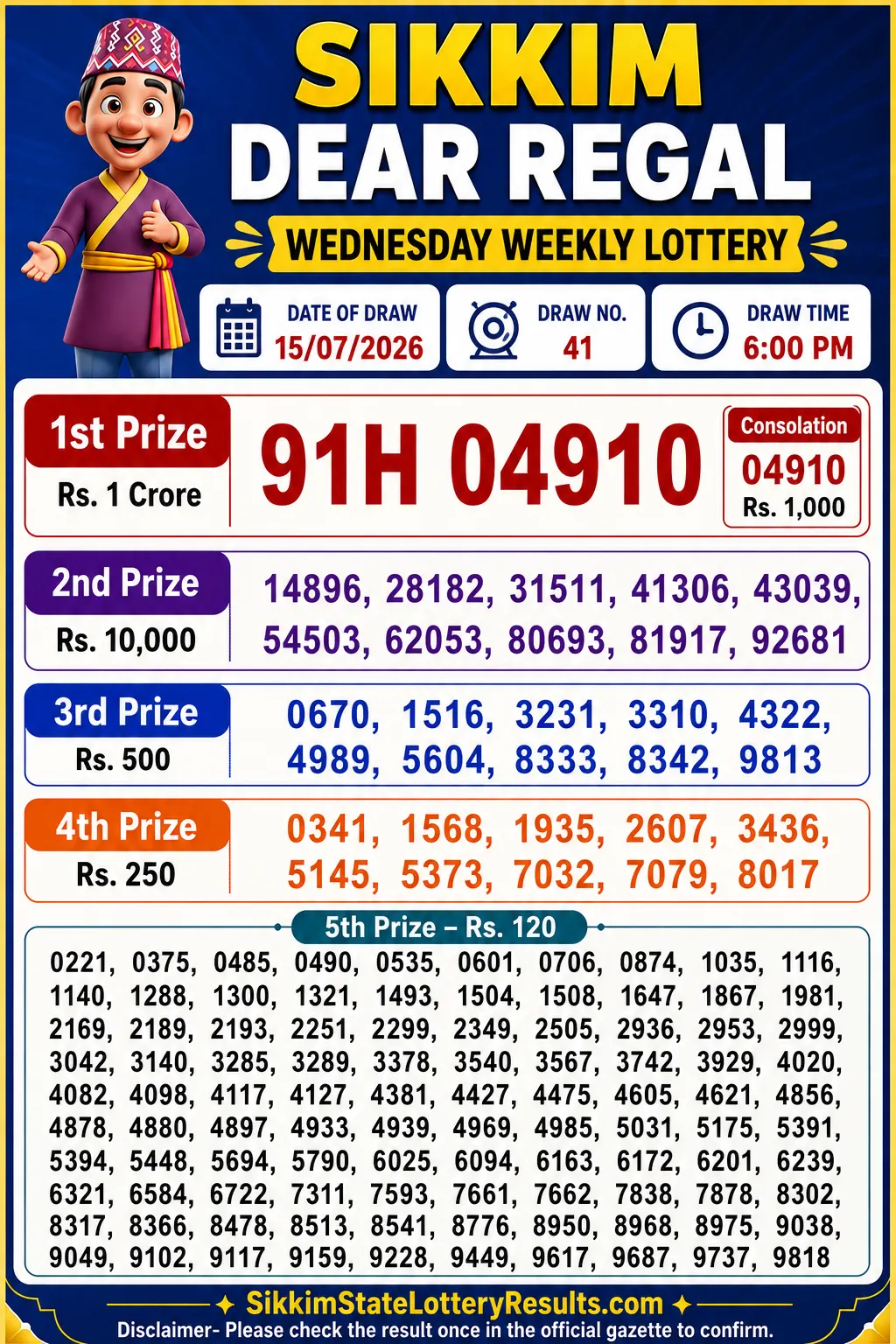 Sikkim Dear Regal Wednesday Lottery Result 15-07-26 6 PM